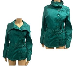 Last Kiss Green Cotton Button Up Double Breasted Belted Lightweight Jacket Large